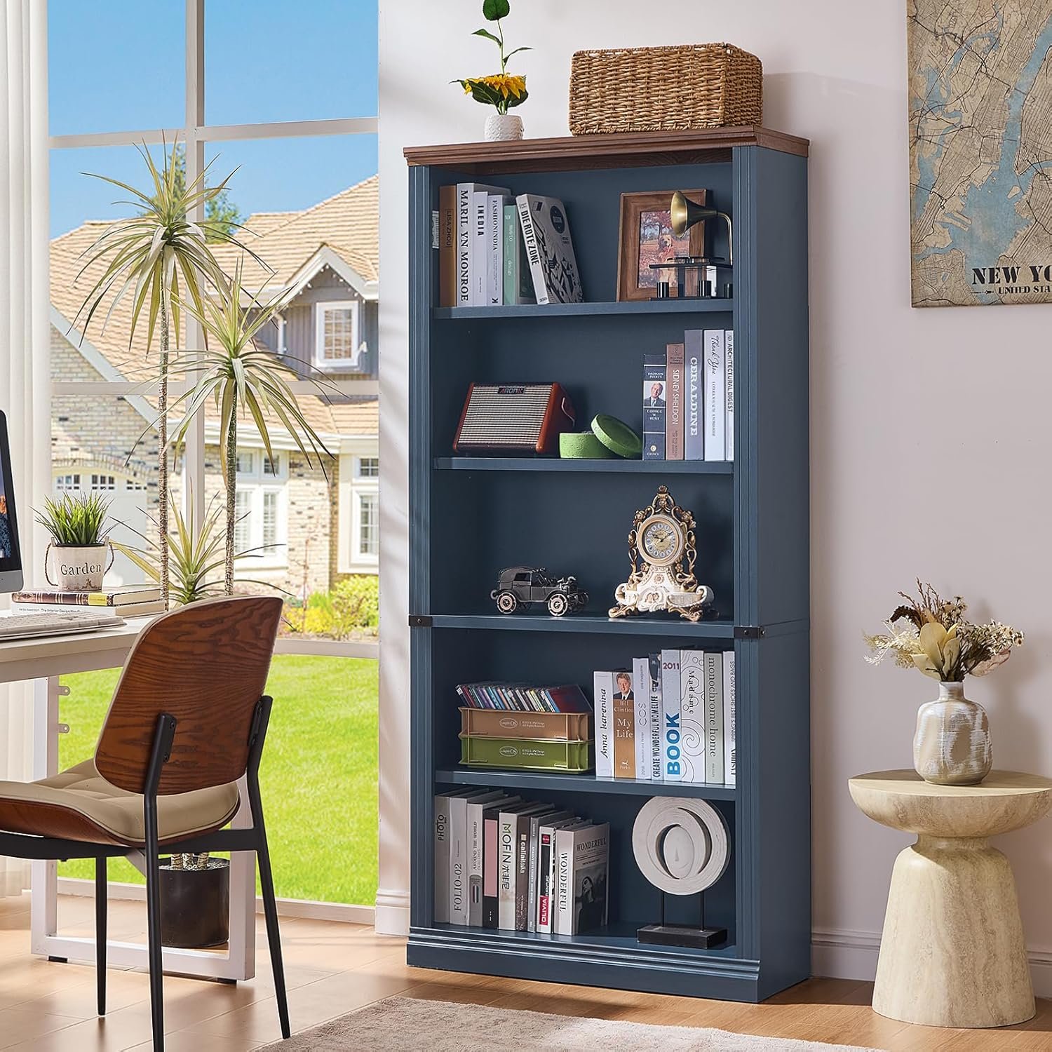 70″ Blue Tall Bookshelf,5-Tier Thick Wooden Book Shelf with Adjustable Shelves,Free Standing Farmhouse Bookcase with Open Display Storage,Floor Vintage Bookshelves for Living Room,Office