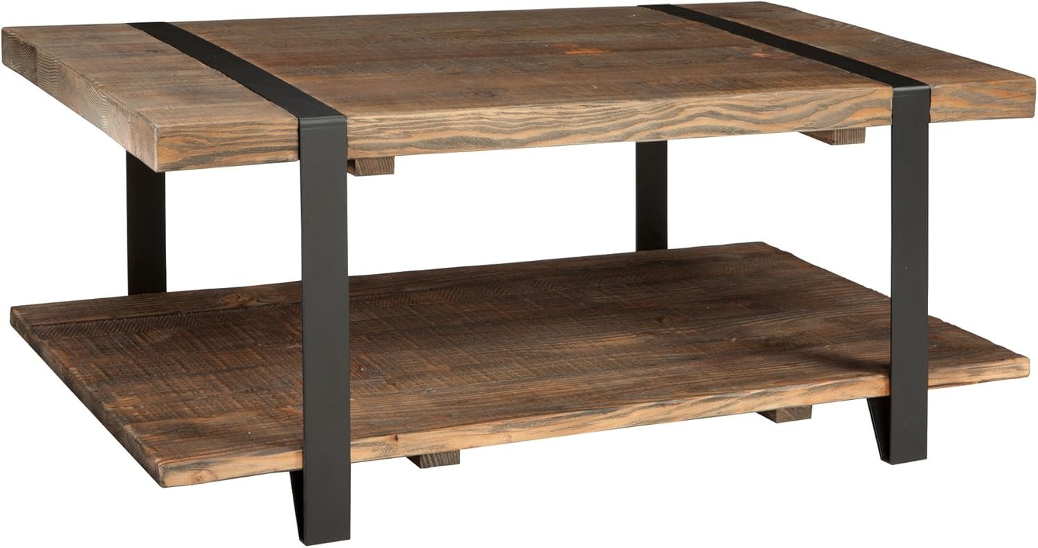 Alaterre Furniture Stowe 42-Inch Reclaimed Wood Coffee Table, Durable Metal Legs, Unique Wrapped Metal Strap Design, Rustic Brown, Ideal for Living and Office Spaces