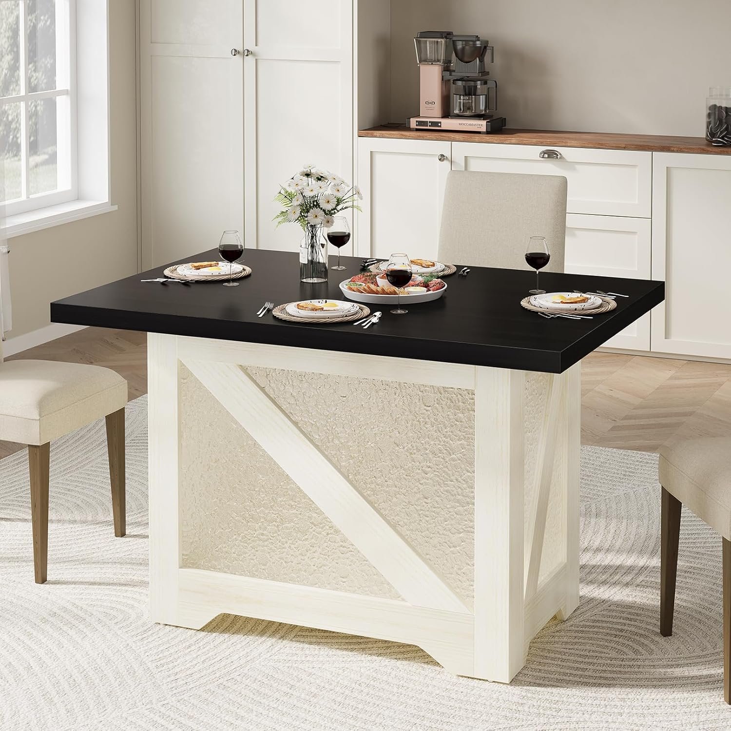 47 Inch Farmhouse Dining Table for 4, Rectangular, Translucent Acrylic X-Base, Thick 1.8″ Top, Black Top – Table Only