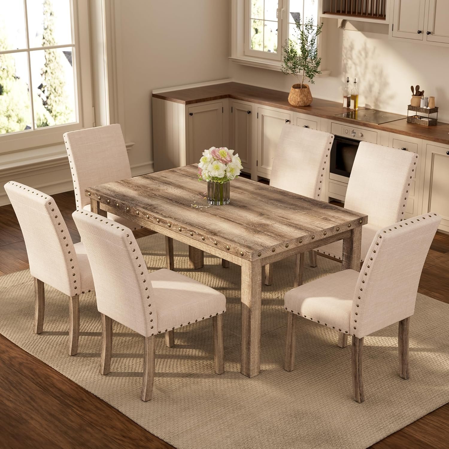 Morden Fort Rustic Dining Table Set for 6, Farmhouse Kitchen Dining Chairs for 6, Charming 60″ Rectangular Wooden Table&6 Upholstered Chair with Nailhead Accents for Dining Hub,Breakfast Nook