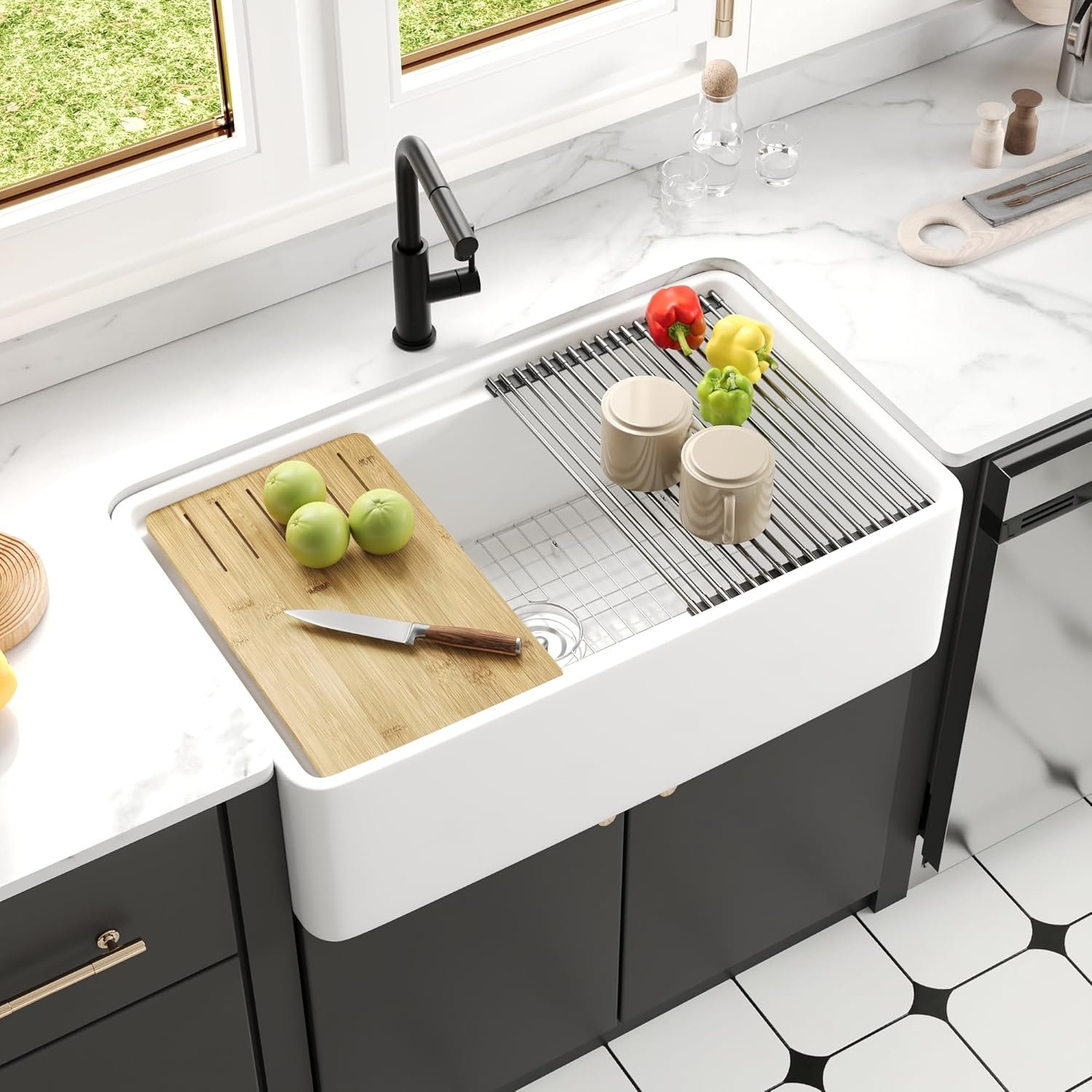 DeerValley White Farmhouse Sink Workstation 33 Inch Fireclay Apron Front Farm Sinks Single Bowl Heavy Duty Deep Drop-in Undermount Sink with Workstation Accessories