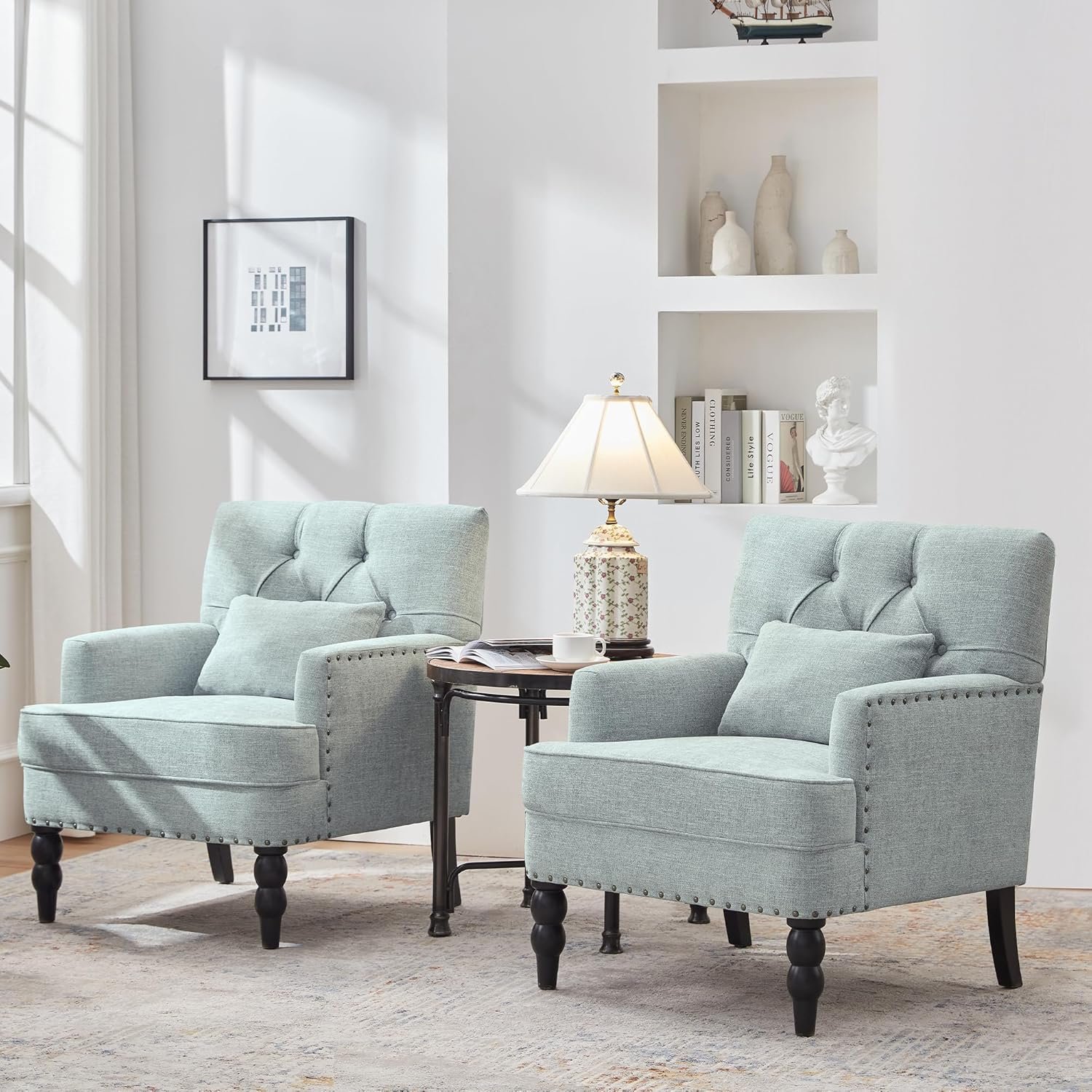 HUIMO Accent Chairs Set of 2, Tufted Club Chair Set of 2 with Lumbar Pillow,Upholstered Button Armchair, Linen Fabric Sofa Chairs for Bedroom, Living Room, Mid Century Modern Reading Chair,Light Blue