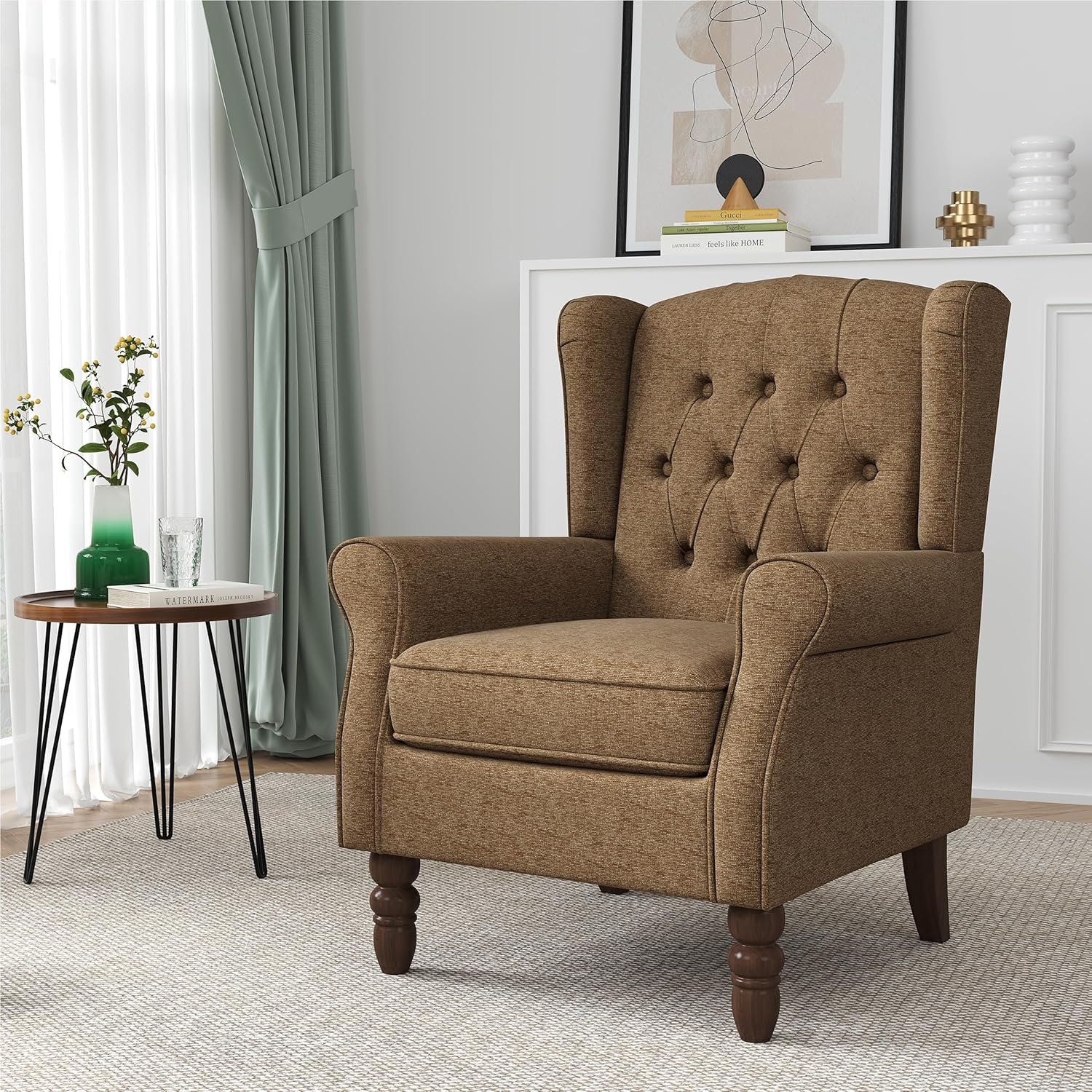 High Back Accent Chair, High Wingback Chair for Living Room, Button-Tufted Upholstered Fabric Armchair with Solid Wood Legs, Comfy Single Sofa Reading Chair for Bedroom, Brown