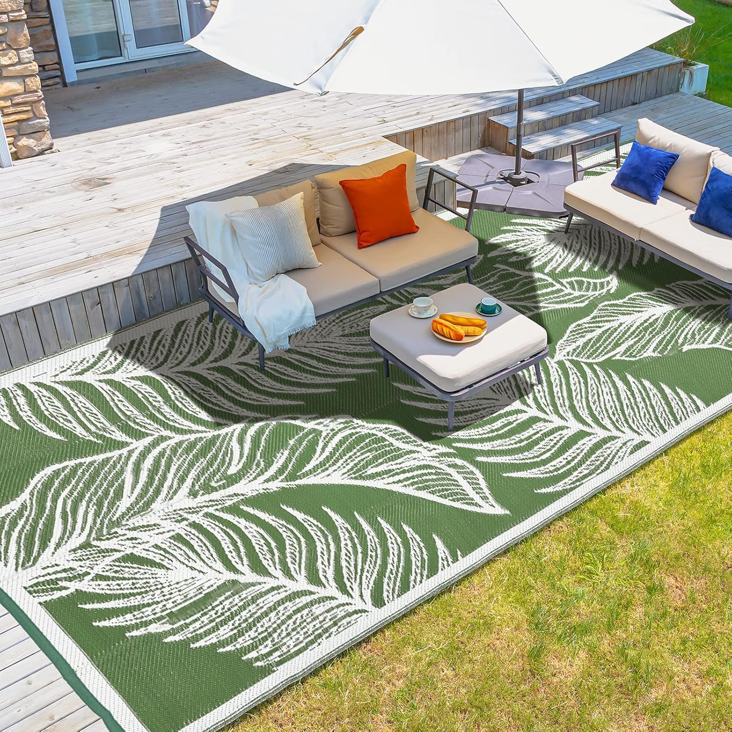 wikiwiki Outdoor Rug, 5x8ft Waterproof Reversible Mat Indoor Outdoor Rugs Carpet, Small Area Rug Plastic Straw Rug for Patio Deck Balcony Pool RV Camping Beach Picnic, Green, Rugscape Series