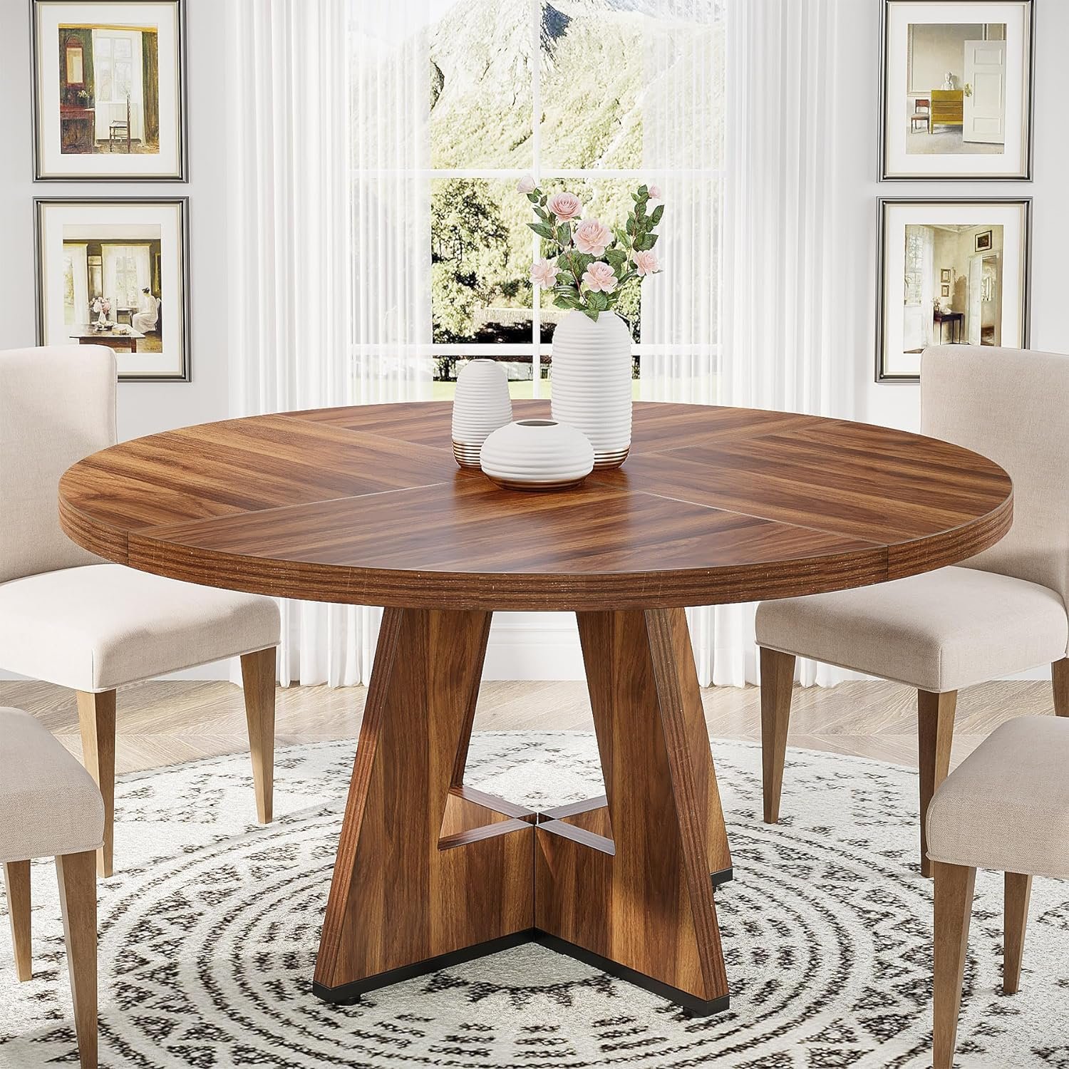 Tribesigns 47 inch Round Dining Table Wood Kitchen Table for Dining Room, 47″ Dinner Room Tables for 4-6, Farmhouse Accent Furniture with Wooden Tabletop and Cross Base, Rustic Brown