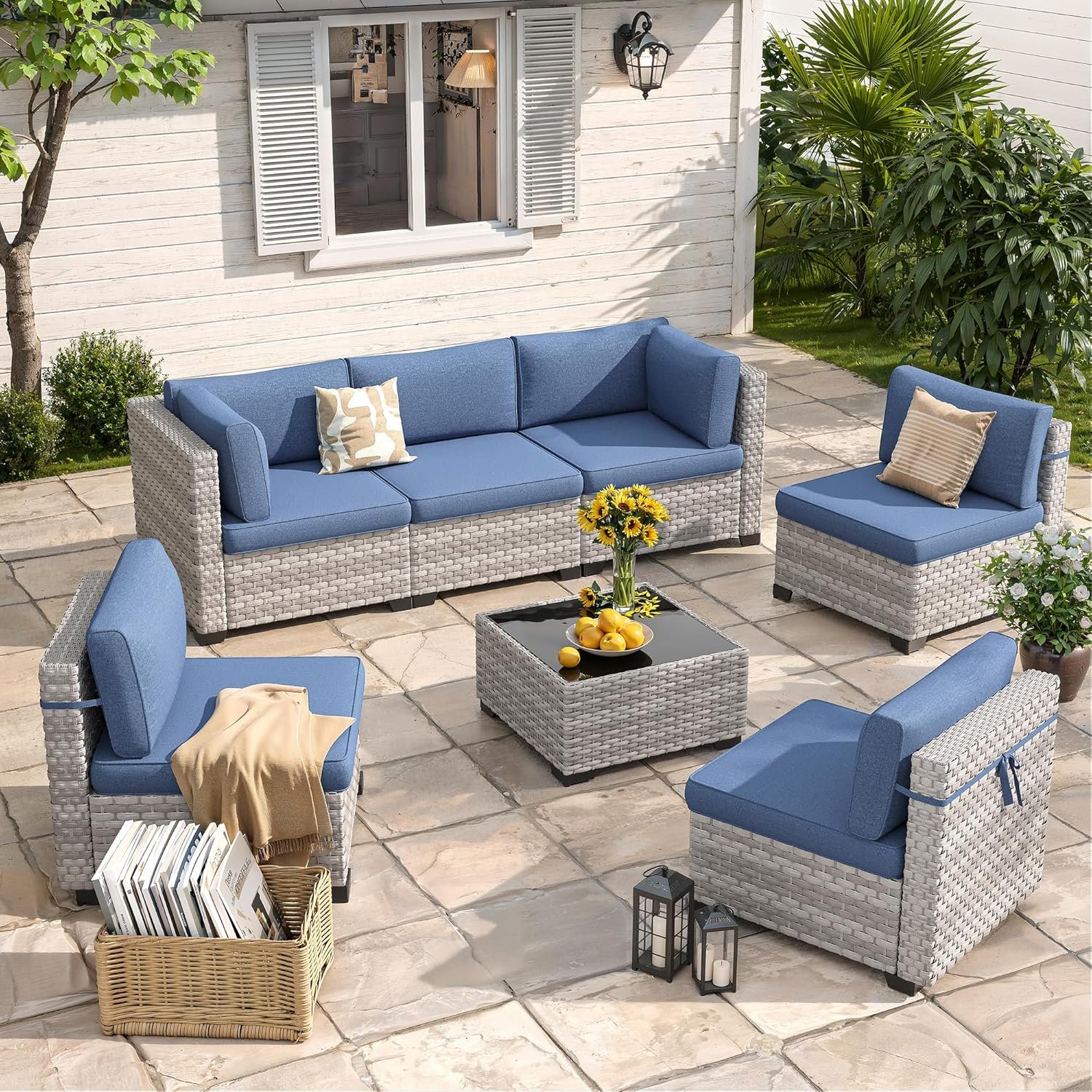 6-Seat Modular Patio Furniture Set – Outdoor Wicker Sectional Sofa with Thick 4″ Cushions, Dual-Strand PE Rattan, Rust-Resistant 18 mm Steel Frame, Backyard Garden Deck Lounge,Navy
