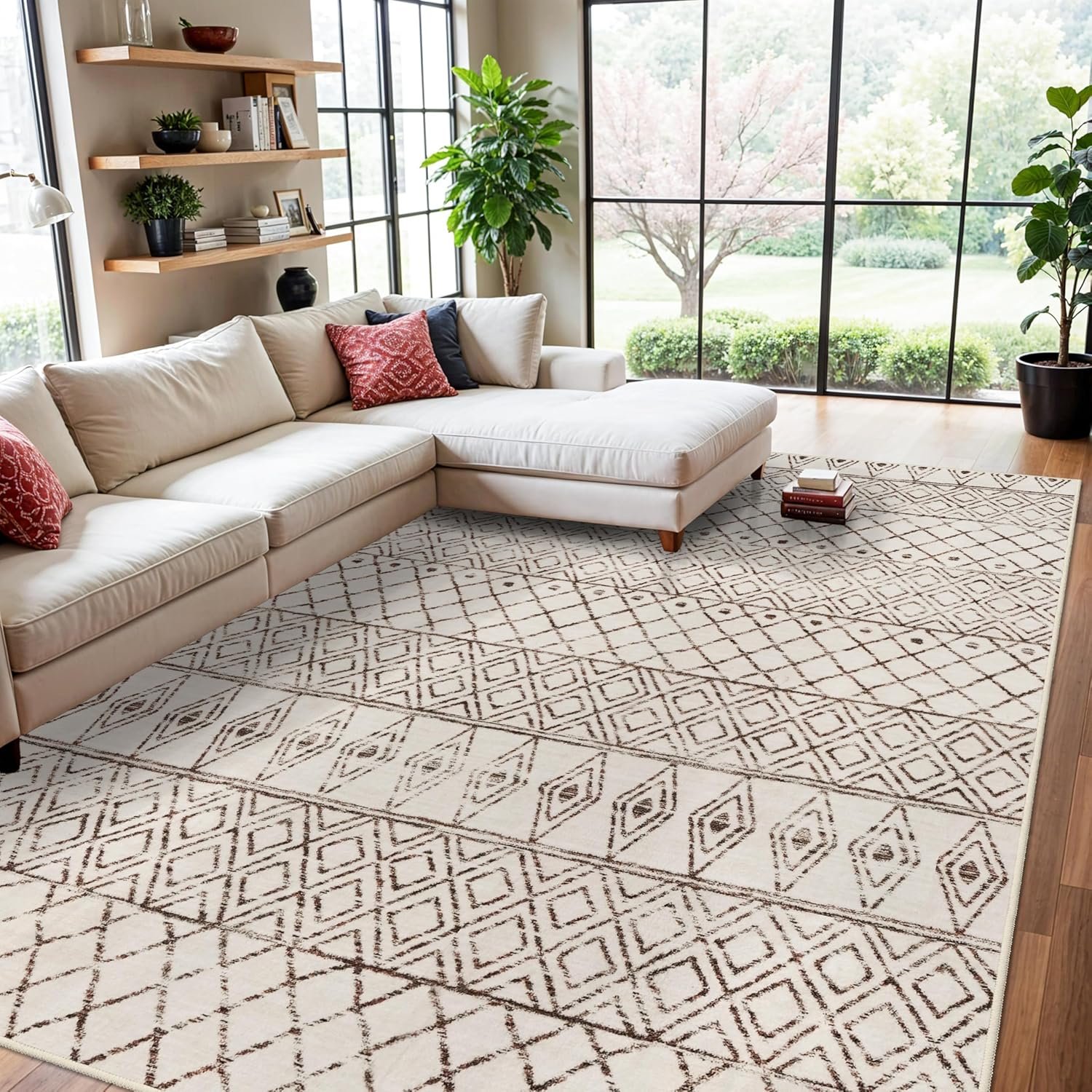 8×10 Rug for Living Room – Washable Area Rugs Modern Moroccan Area Rug Large Low Pile Carpets for Bedroom Soft Indoor Home Thin Area Rug for Dining Room Office 8×10 Geo Beige