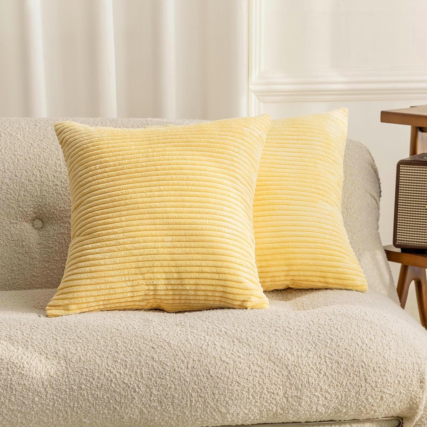 Home Brilliant Yellow Pillow Covers Decorative Set of 2 Striped Corduroy Plush Velvet Throw Pillows for Couch Fall Winter Decor, 18×18 inch, Light Yellow