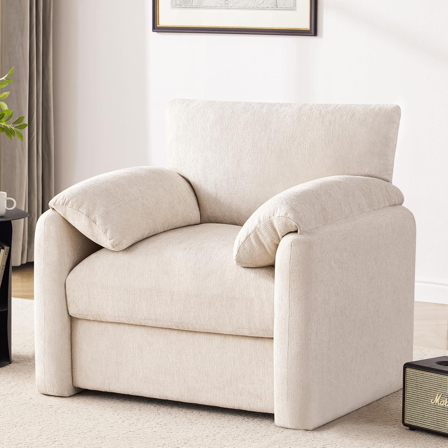 Howjoe Chenille Oversized Armchair, 38.6″ Wide Accent Chairs for Living Room & Bedroom Modern Lounge Chair, Upholstered Mid-Century Reading Chair, Comfy Living Room Chair, Single Sofa Chair, Beige