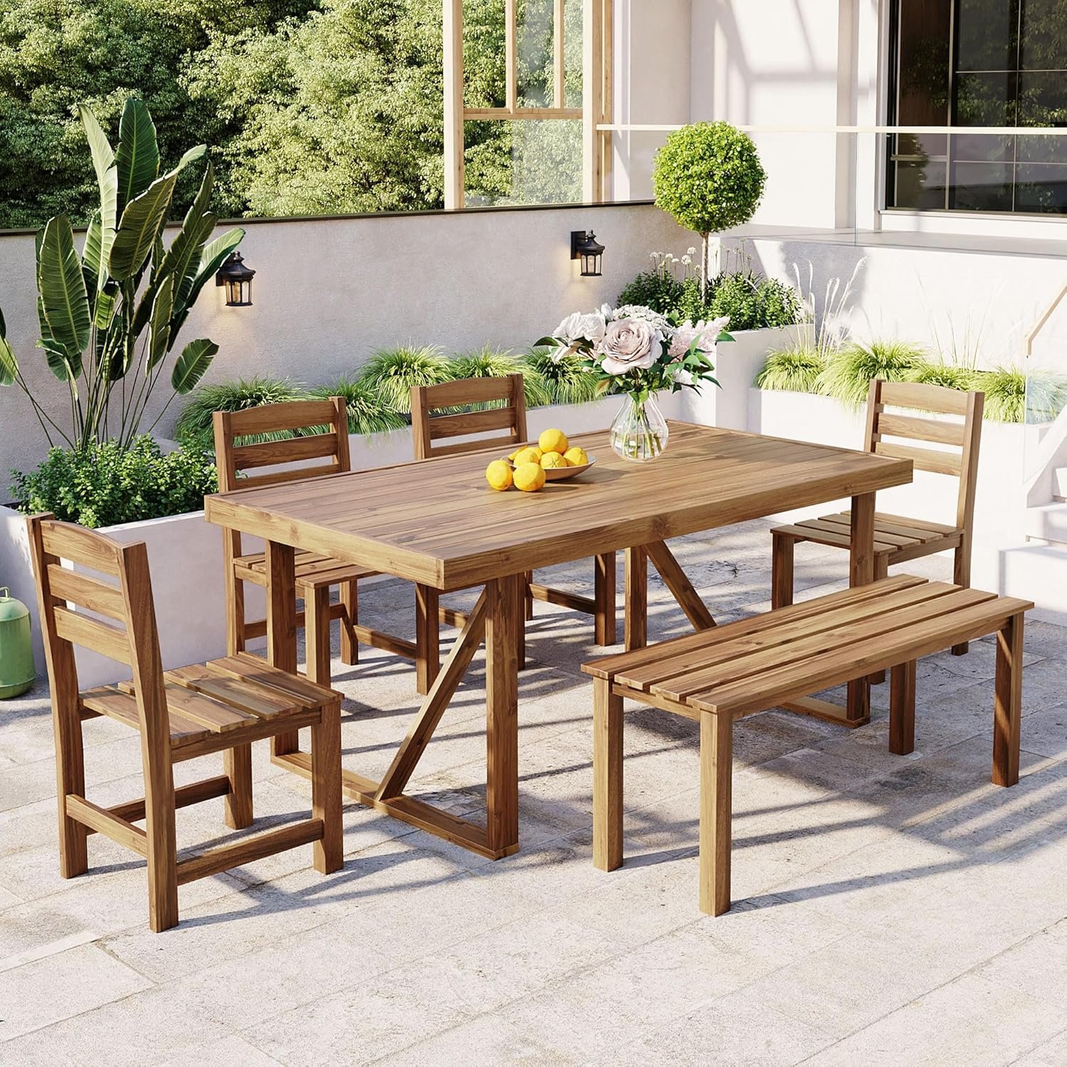 Outdoor Dining Table Set for 6, Acacia Wood Patio Dining Table Set with Bench and Chairs for Balcony, Backyard, Garden, Natural