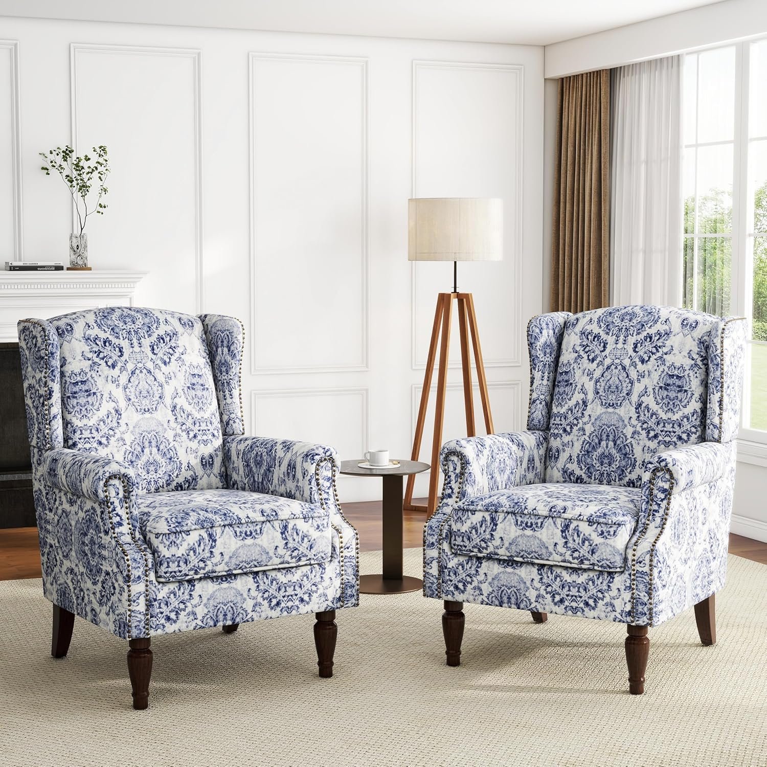 UIXE High Back Floral Accent Chairs Set of 2, Upholstered Armchair in Fabric, Retro Printed Wingback Arm Chair for Living Room, Nailhead Trim Single Sofa Bedroom Reading Seat – Navy Blue