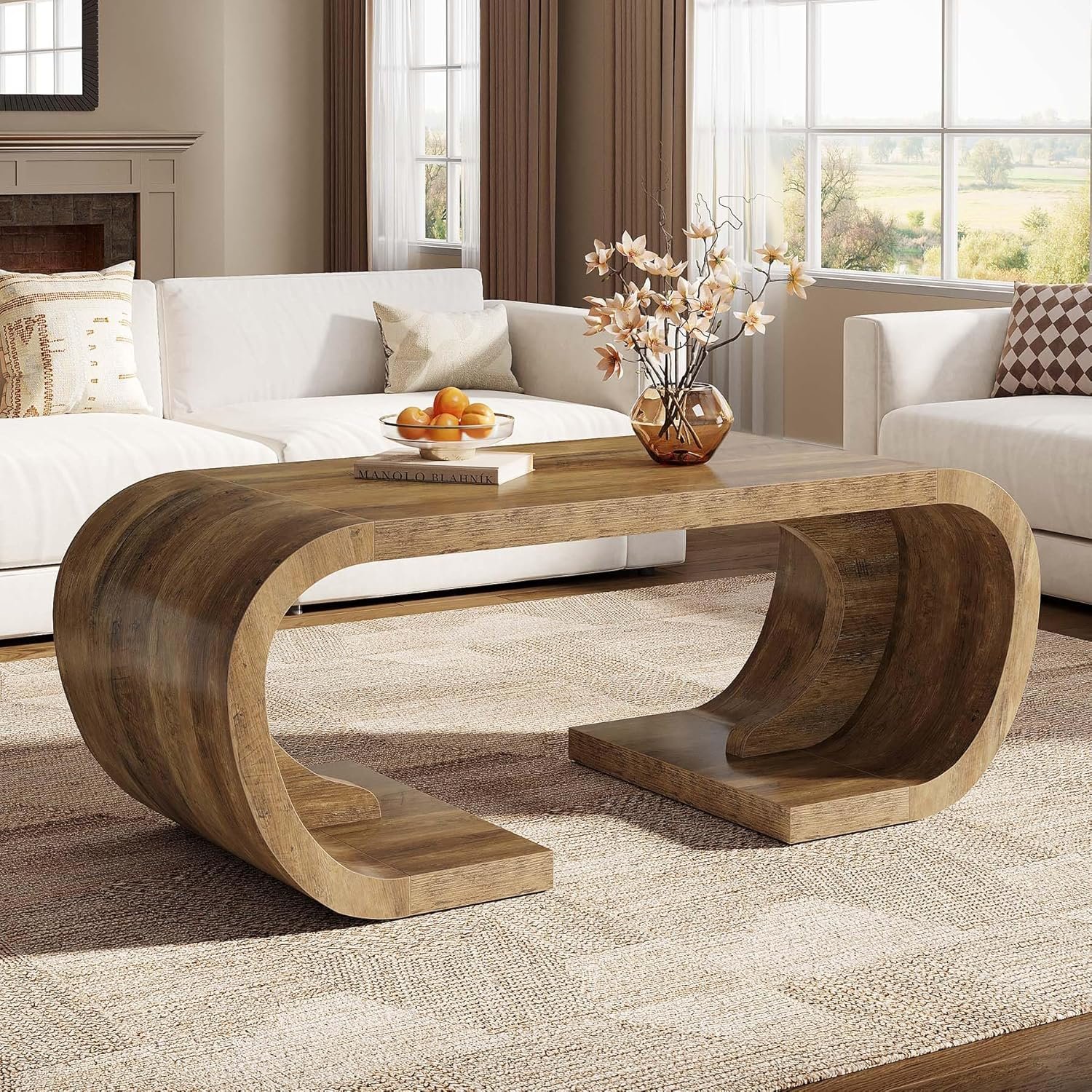 Tribesigns Farmhouse Coffee Table, 47″ Heavy Duty C-Shaped Center Table with Curved Base, Large Tea Table for Living Room, Entertainment Room, Home Office, Rustic Brown