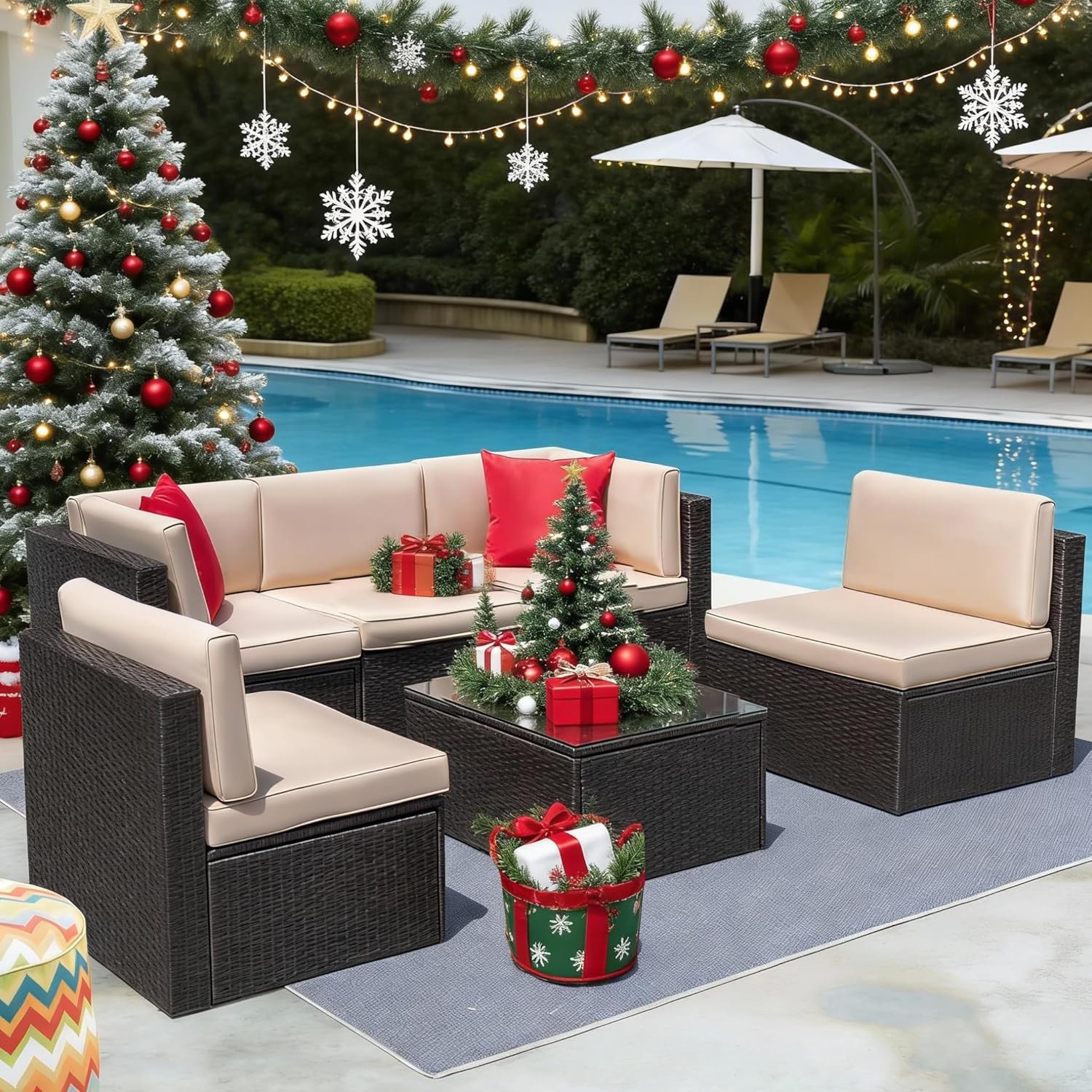 Devoko Patio Furniture Sets 6 Pieces Outdoor Sectional Rattan Sofa Manual Weaving Wicker Patio Conversation Set with Glass Table and Cushion (Beige)