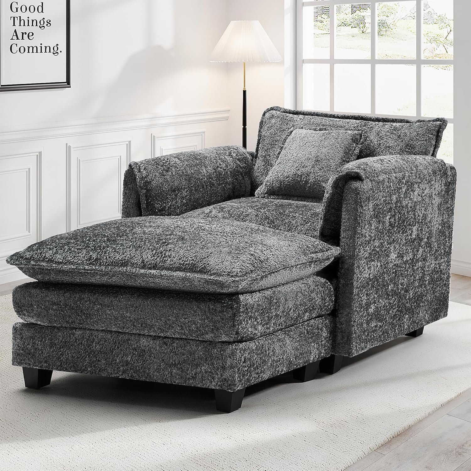 SweetGO corporation 42″ Plush Single Sofa Accent Chair with Ottoman for Living Room/Bedroom, Modern Couch for Cozy Lounge Chair for Reading, Dark Gray