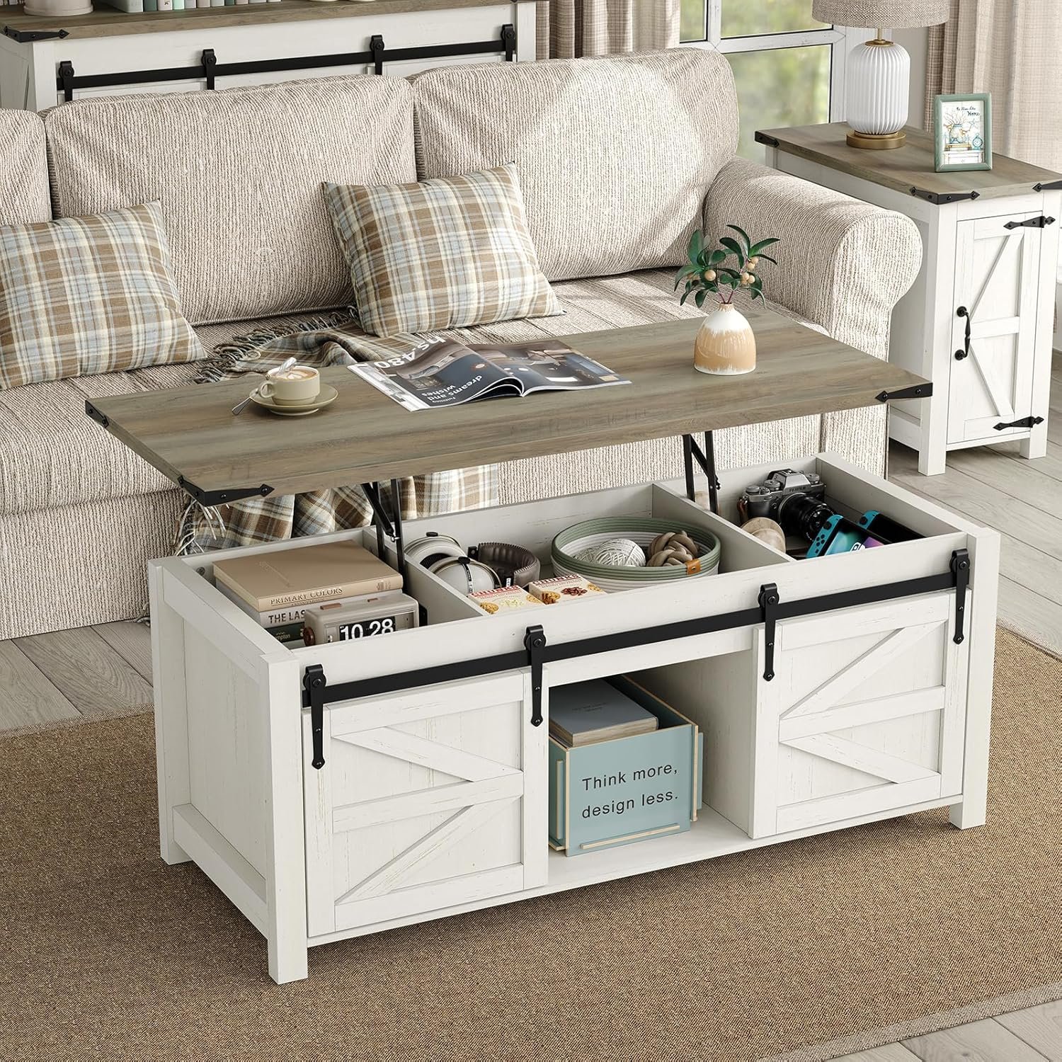 Furnihold 47.3”Lift Top Coffee Table, Farmhouse Center Table with Large Storage & Sliding Barn Doors, Modern Rectangular White Cocktail Table for Living Room, Grey Top