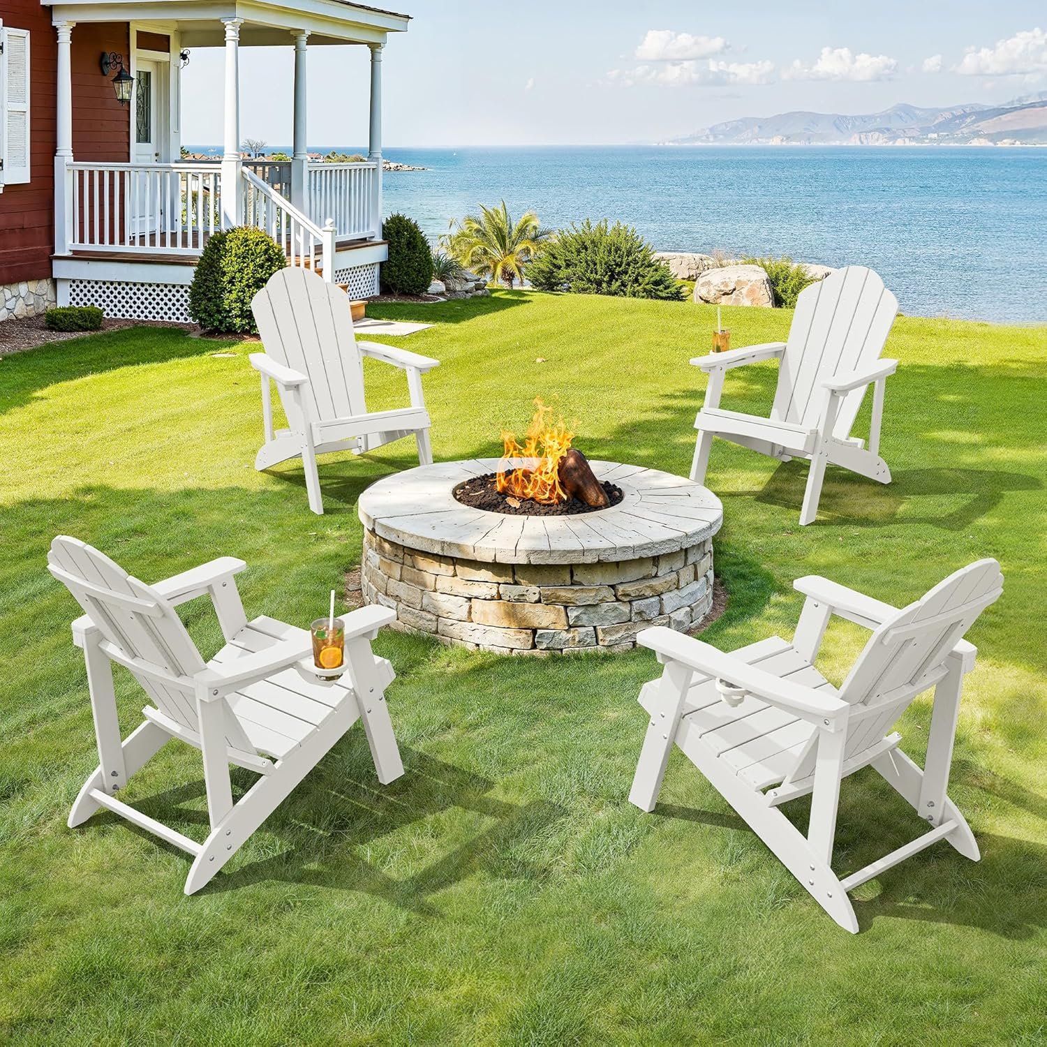 LUE BONA HDPE Adirondack Chairs Set of 2,Plastic Adirondack Chairs with Cup Holder Weather Resistant for Outdoor, Patio, Lawn, Garden, Backyard Deck, Fire Pit, White