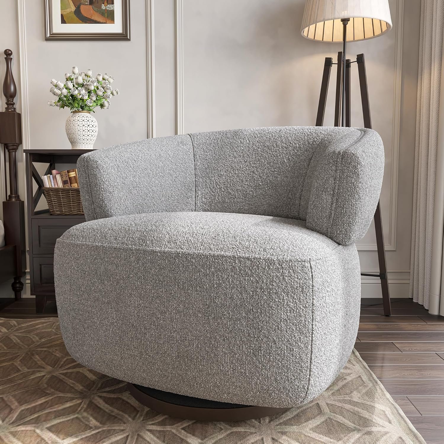 RoyalCraft Swivel Accent Chair, Fully Assembled Round Barrel Chairs, Oversized Upholstered Armchair with 360-Degree Base, Modern Club Chair for Living Room, Bedroom, Office, Grey