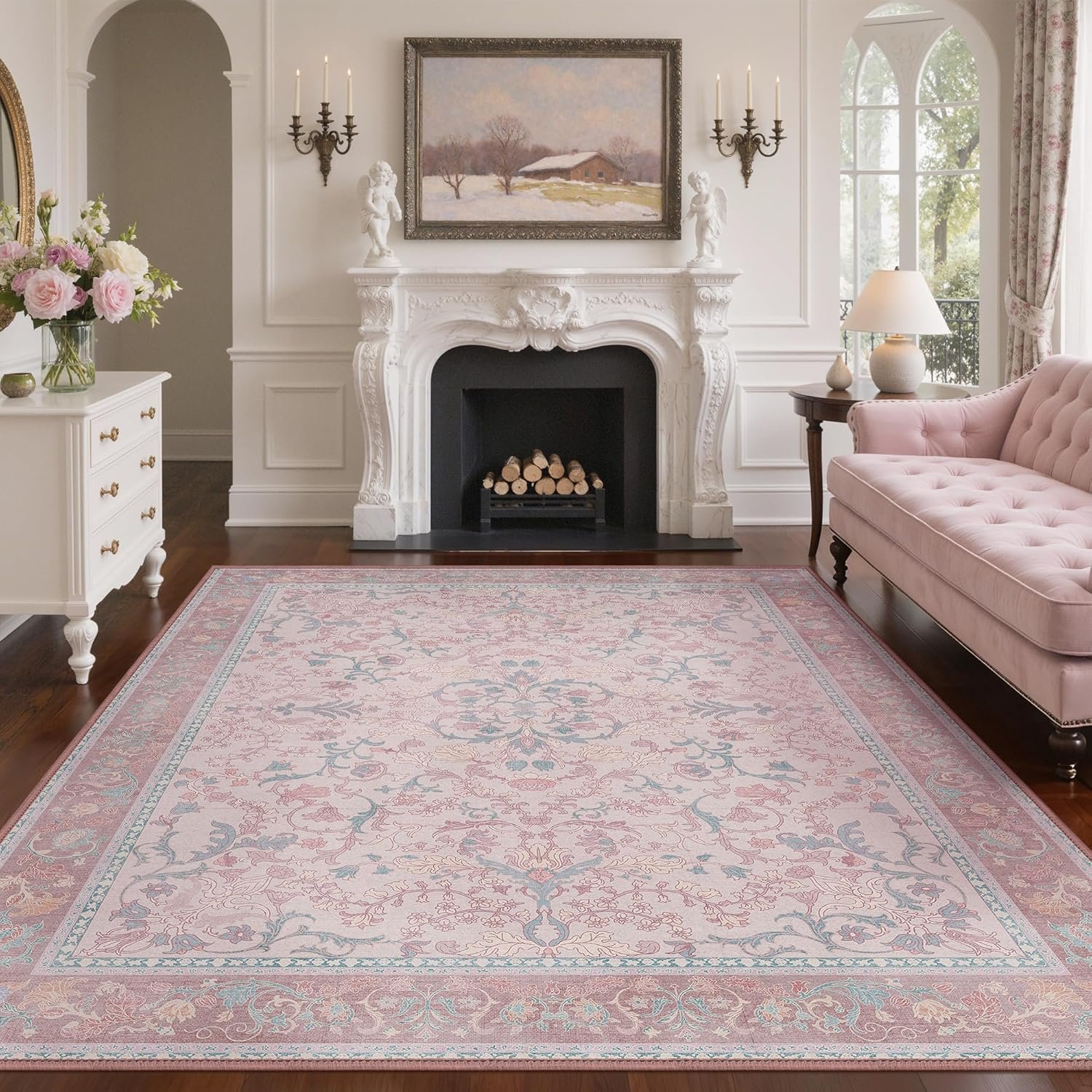 Washable Rugs 8×10 Pink Area Rug for Nursery, Boho Floral Vintage Rug for Living Room, Ultra Soft Water Repellent Large Carpet for Kids Playroom Bedroom, Dinning Room, Home Office, Dorm, Pink&Blue
