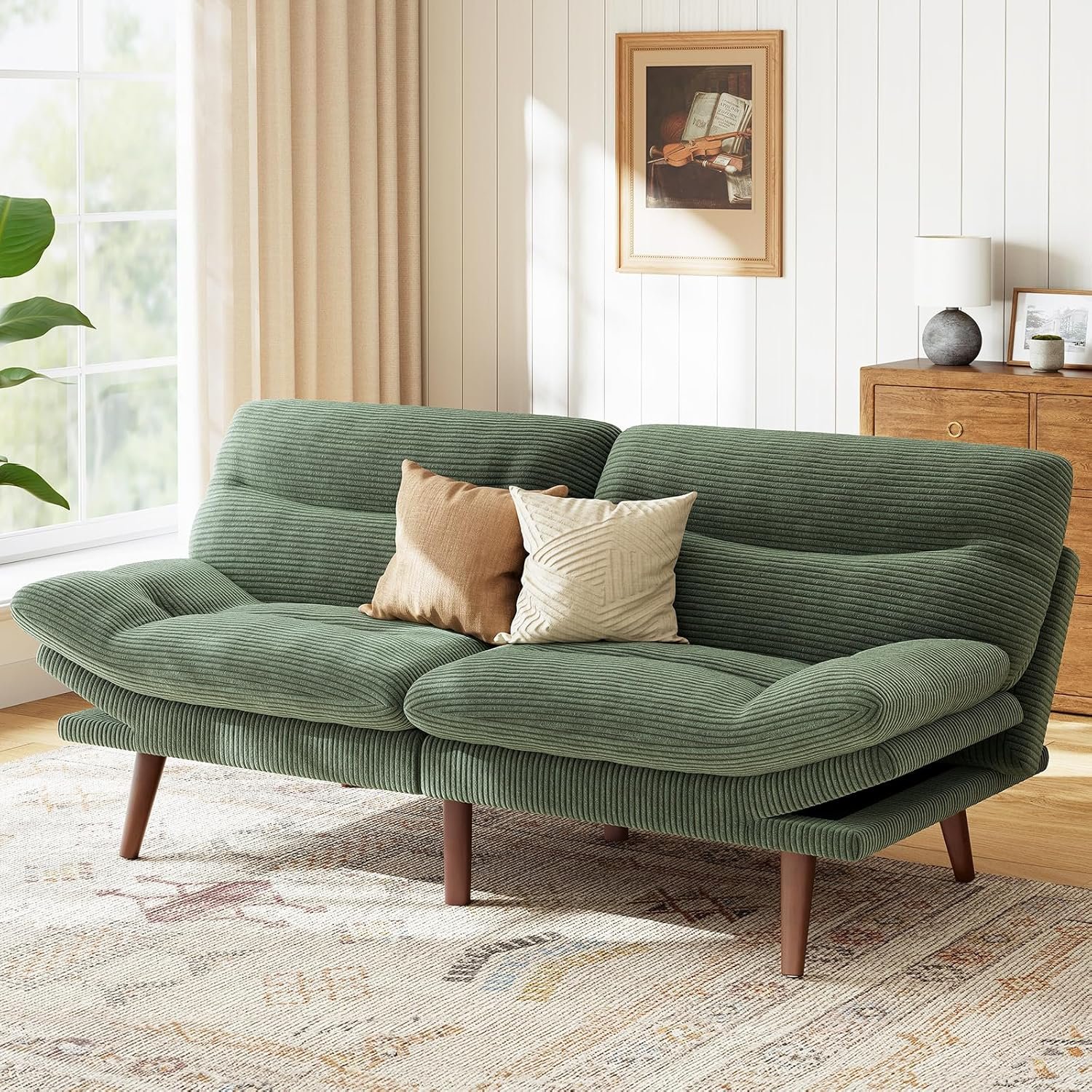 Marsail Futon Sofa Bed, Convertible Corduroy Loveseat Couch, Green