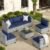 7-Piece Outdoor Rattan Sectional Sofa Set, Gray Wicker Patio Furniture Sets with Navy Blue Cushions for Balcony, Porch, Backyard